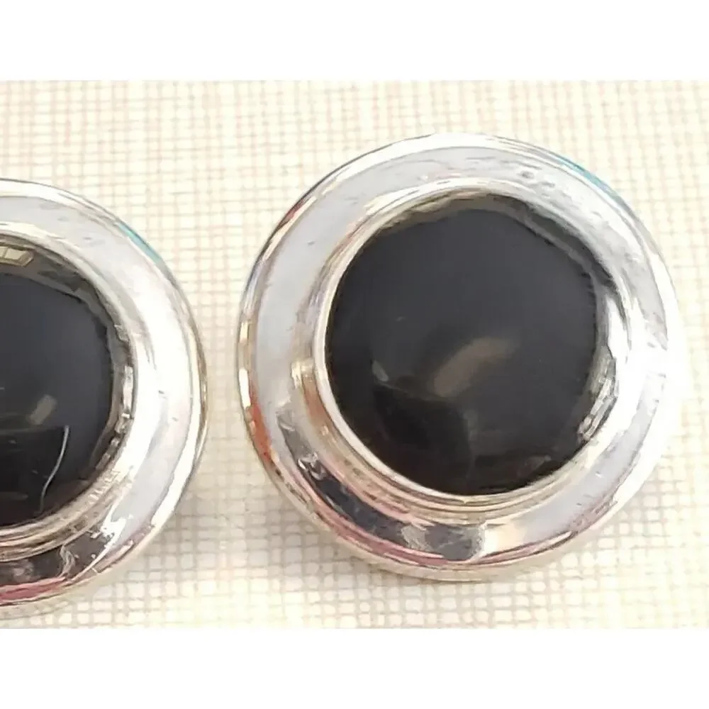 Vintage Silver‎ & Black Round Pierced Earrings, 1